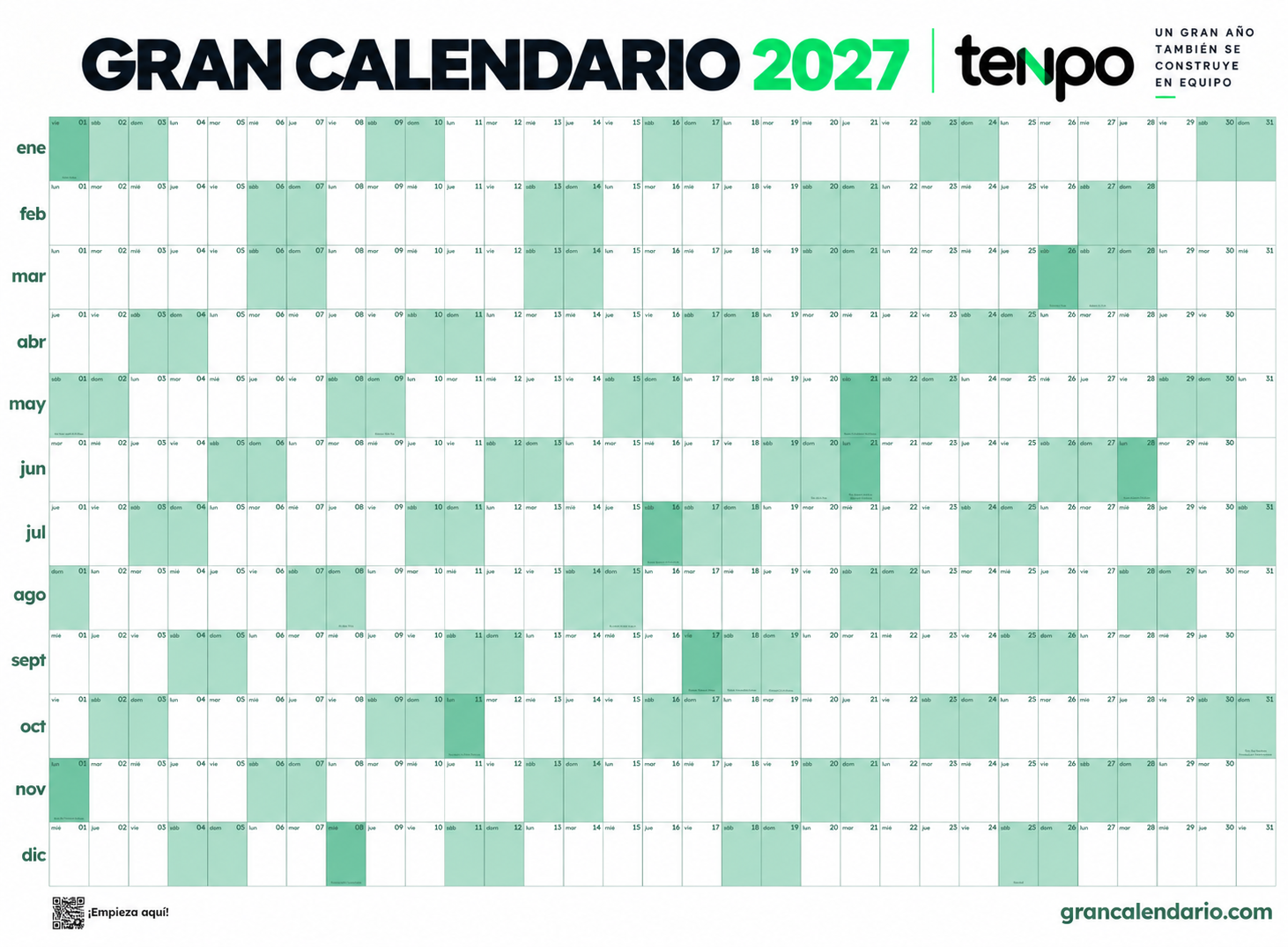 Ejemplo ilustrativo de Gran Calendario 2027 personalizado con la marca Tenpo