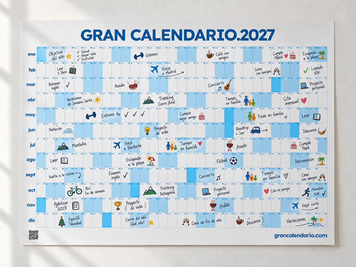 Gran Calendario 2027 Celeste con stickers de metas y planes