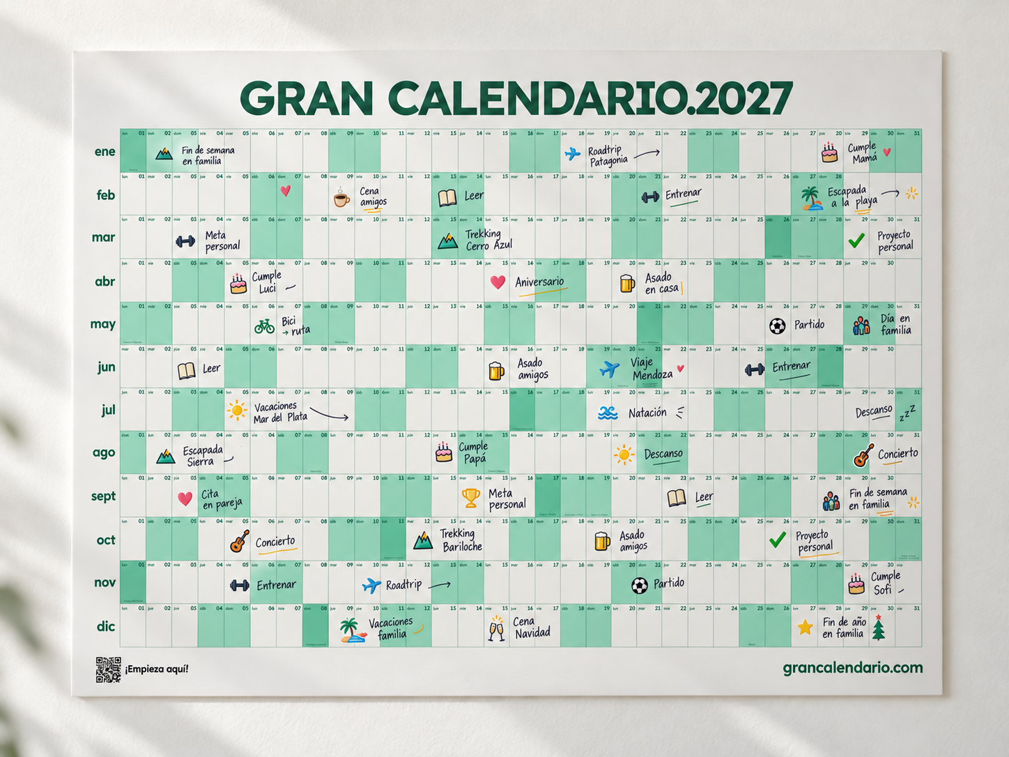 Gran Calendario 2027 Verde claro con stickers y planes escritos