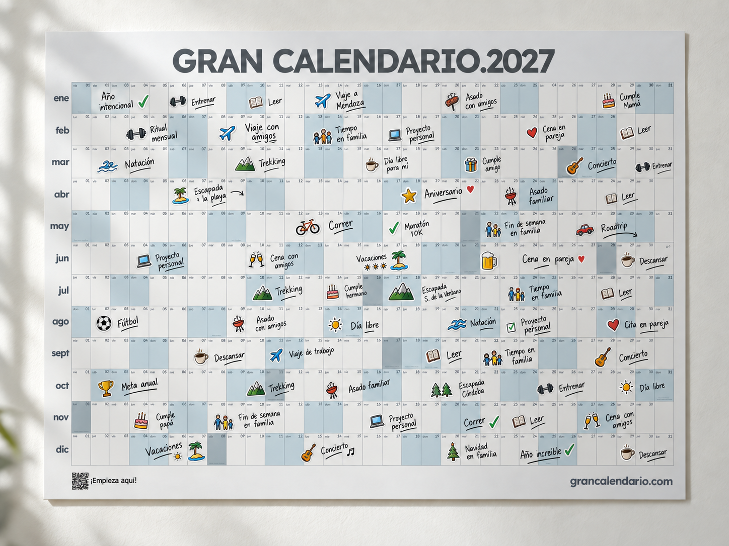 Gran Calendario 2027 Gris claro con stickers y planificación anual