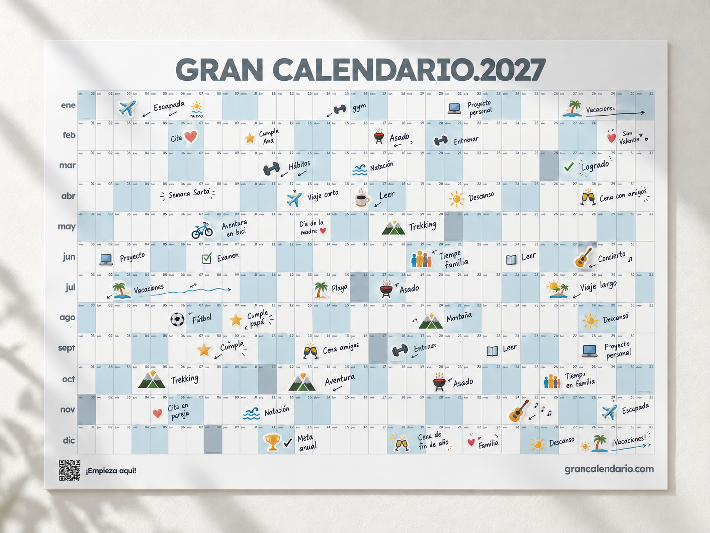 Gran Calendario 2027 Gris claro con stickers y planes