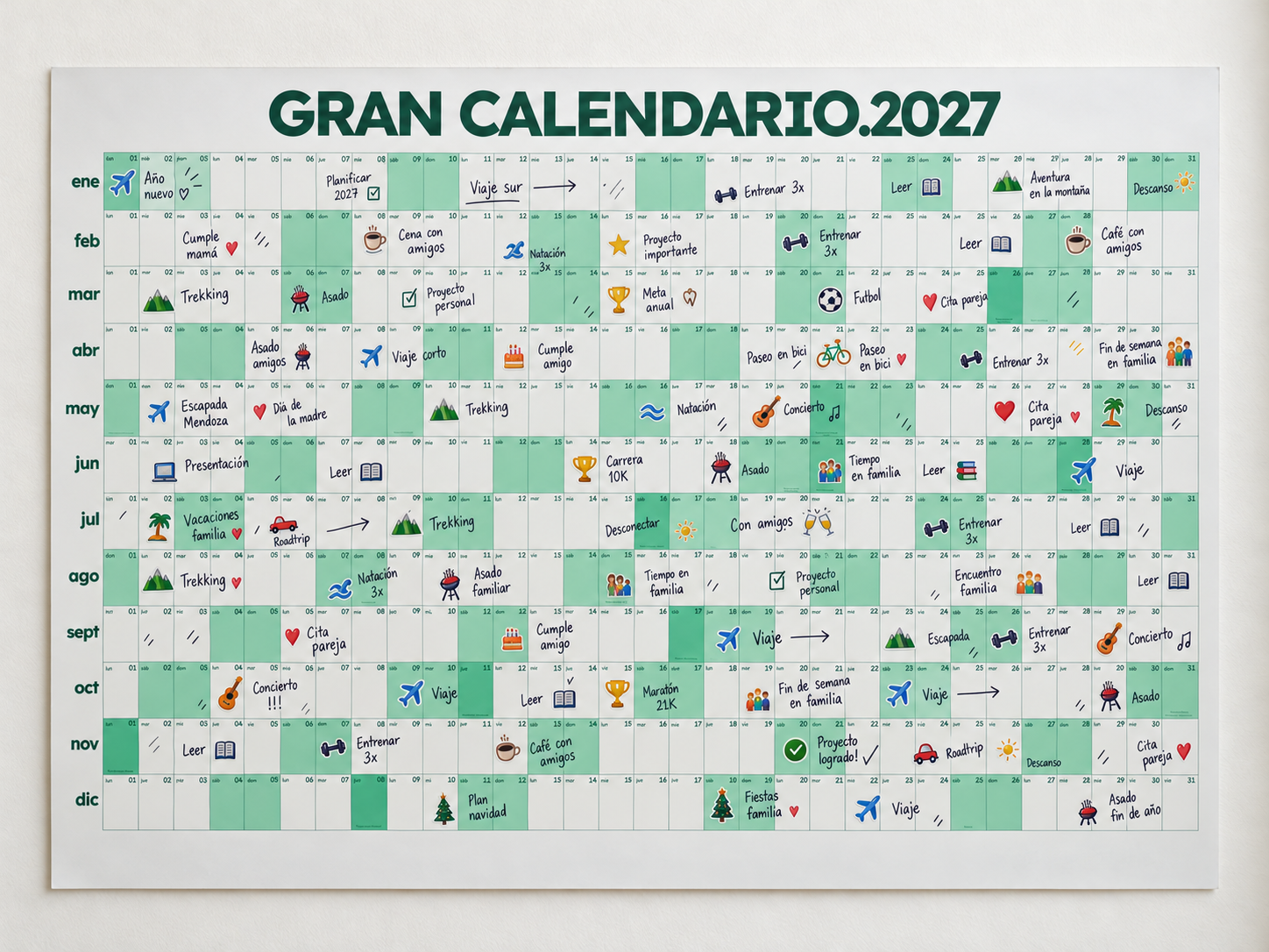 Gran Calendario 2027 Verde claro con stickers y planes