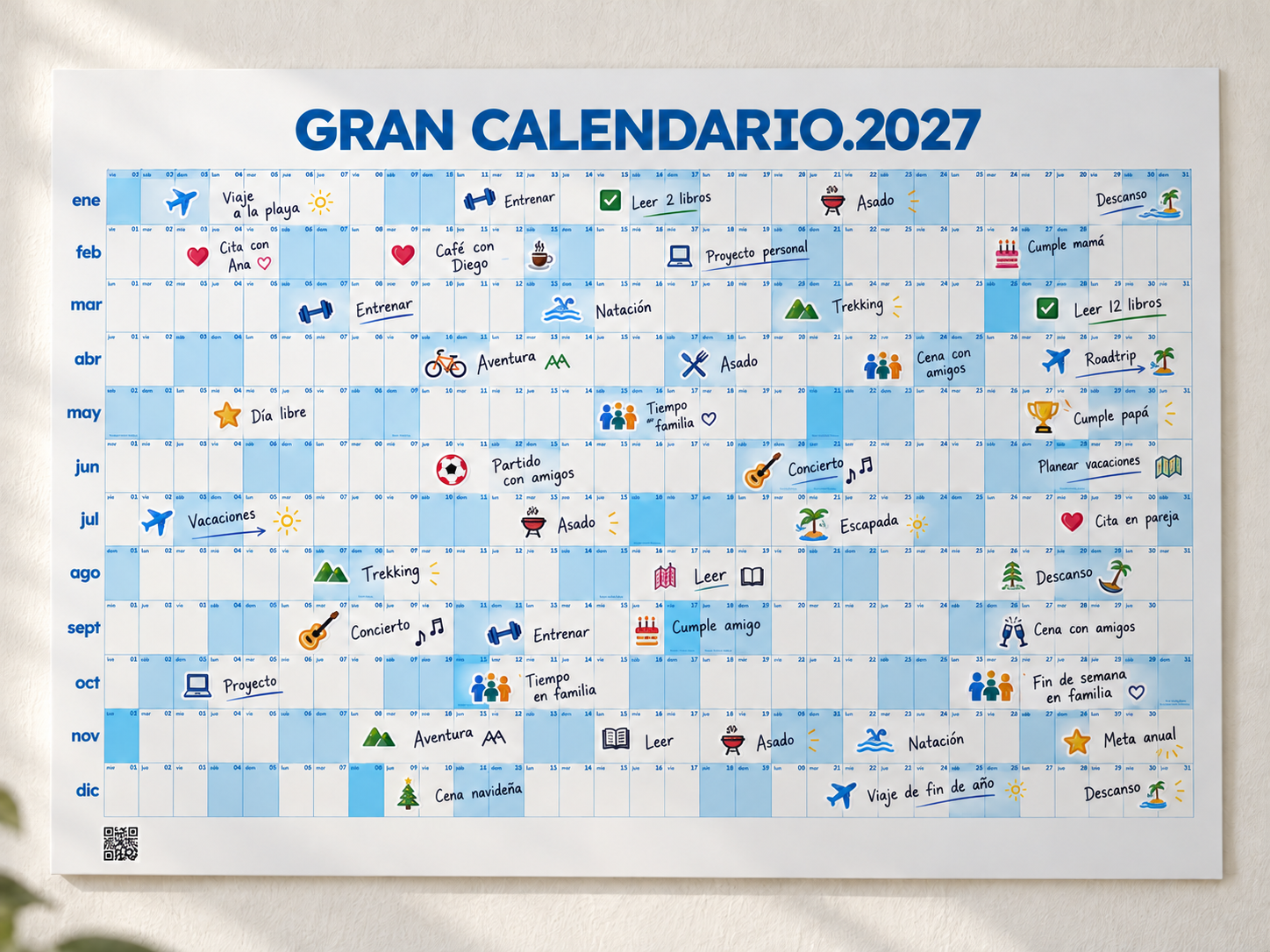 Gran Calendario 2027 Celeste con stickers de viajes y planificación anual