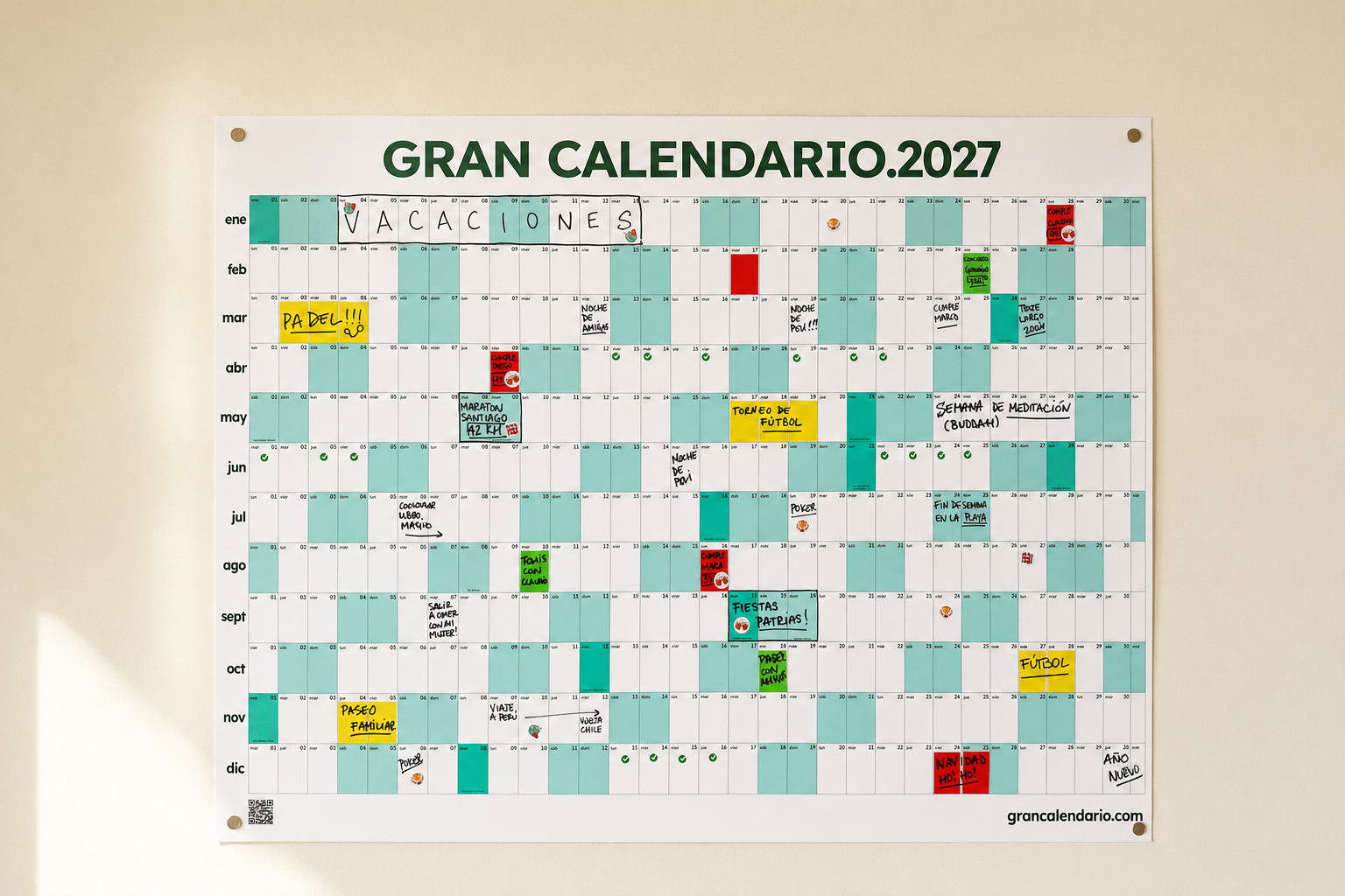 Gran Calendario 2027 en formato pared con 52 semanas, stickers y anotaciones