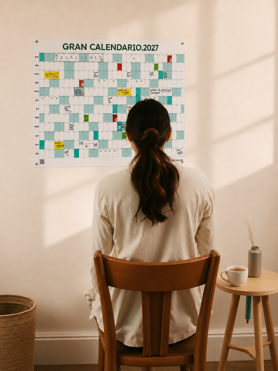 Mujer sentada frente al Gran Calendario en la pared, revisando su año con una taza de café