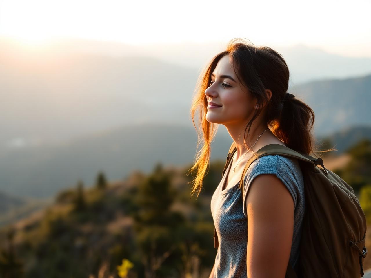 Mujer caminando en la montaña al amanecer, viviendo con intención
