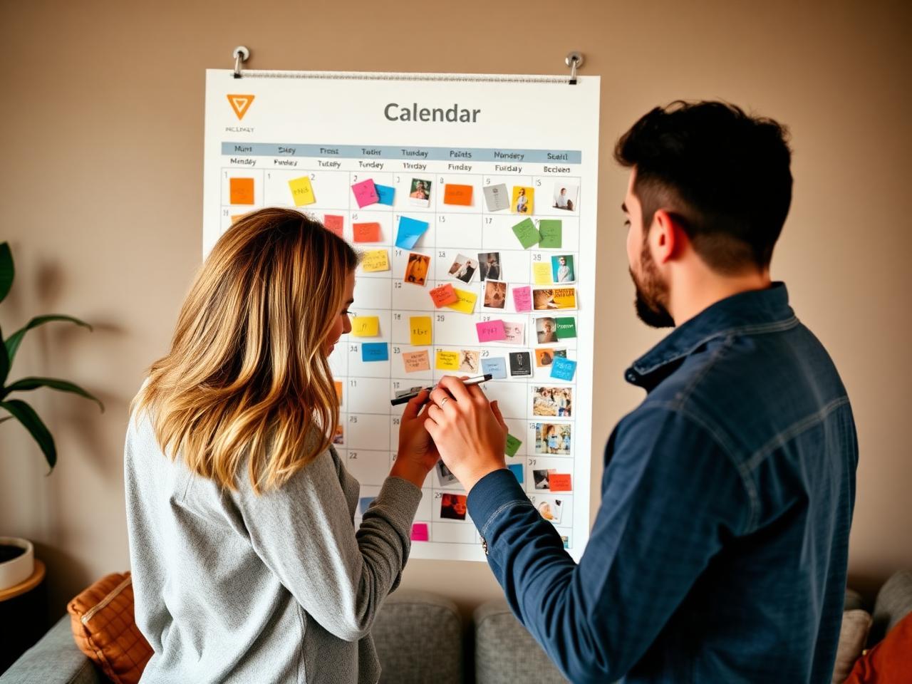 Pareja escribiendo y marcando fechas en un calendario gigante