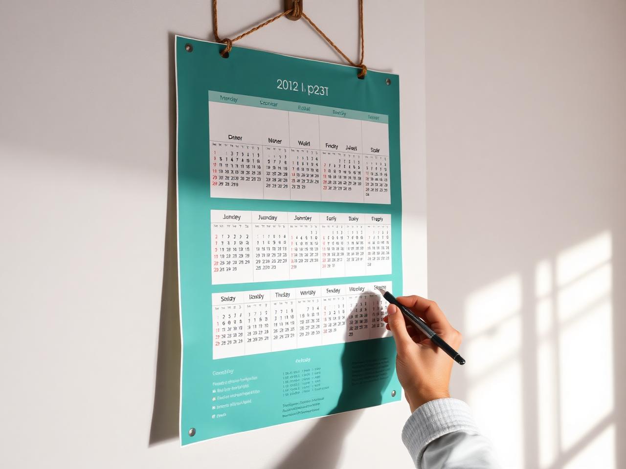 Calendario gigante anual colgado en una pared luminosa