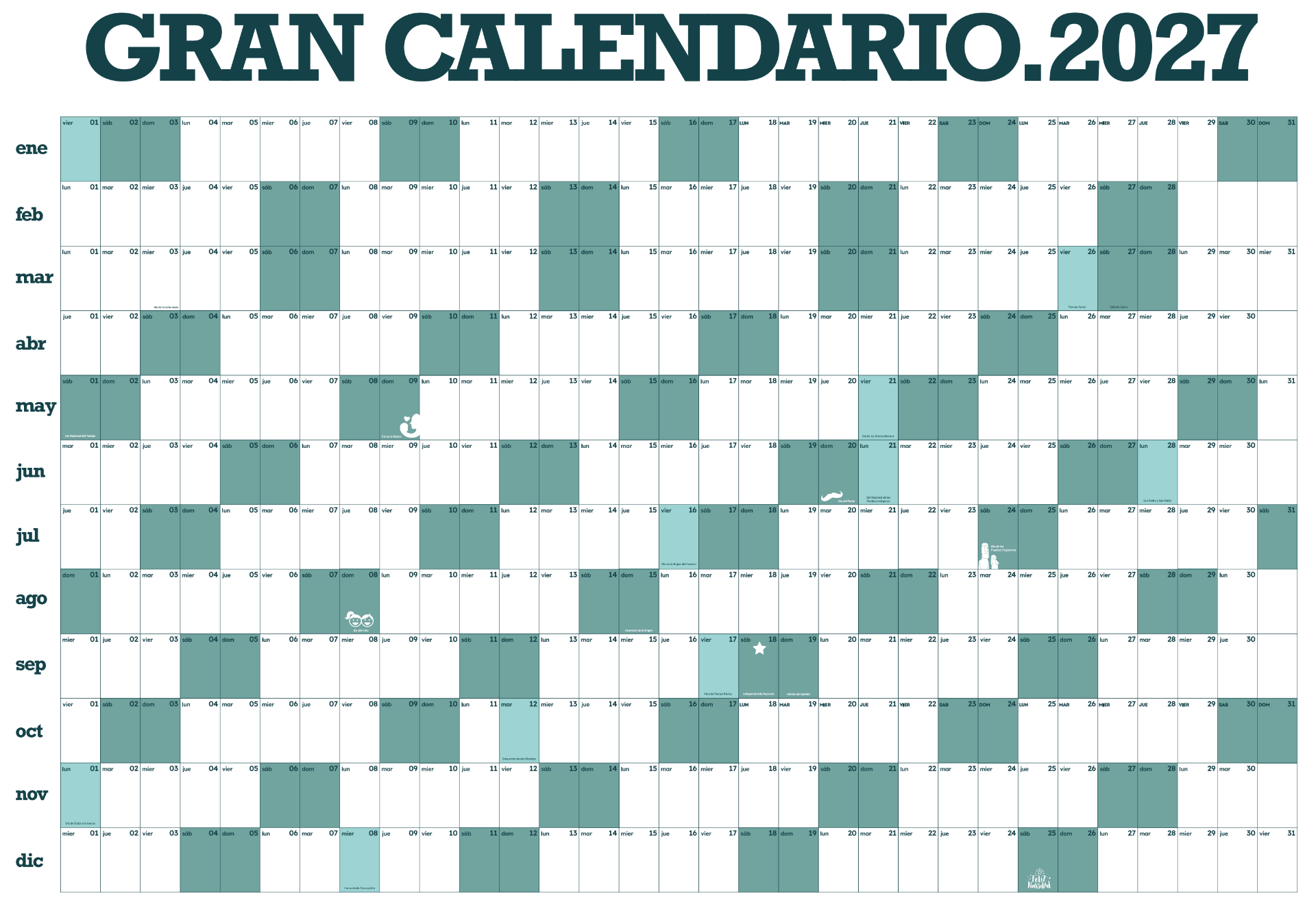 Personas señalando fechas en el Gran Calendario gigante con stickers de colores