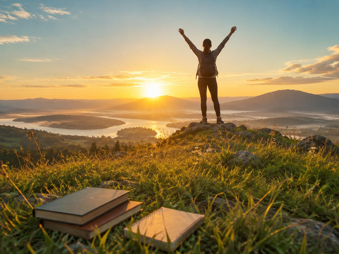 Mujer con los brazos en alto en la cima de un cerro al amanecer, dejando atrás los libros