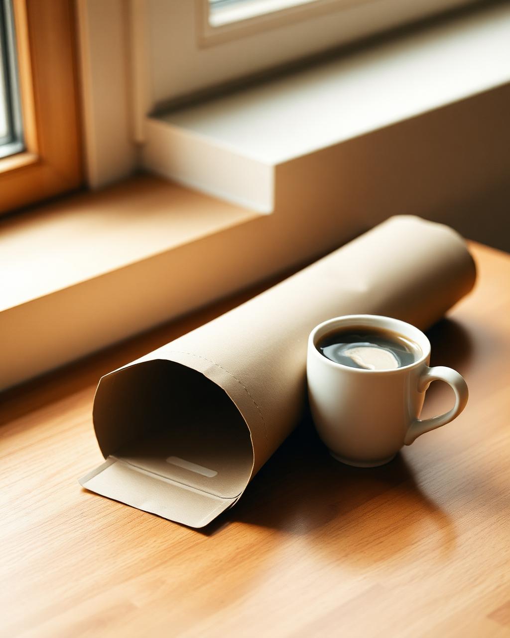 Tubo de cartón con el Gran Calendario sobre una mesa junto a una taza de café