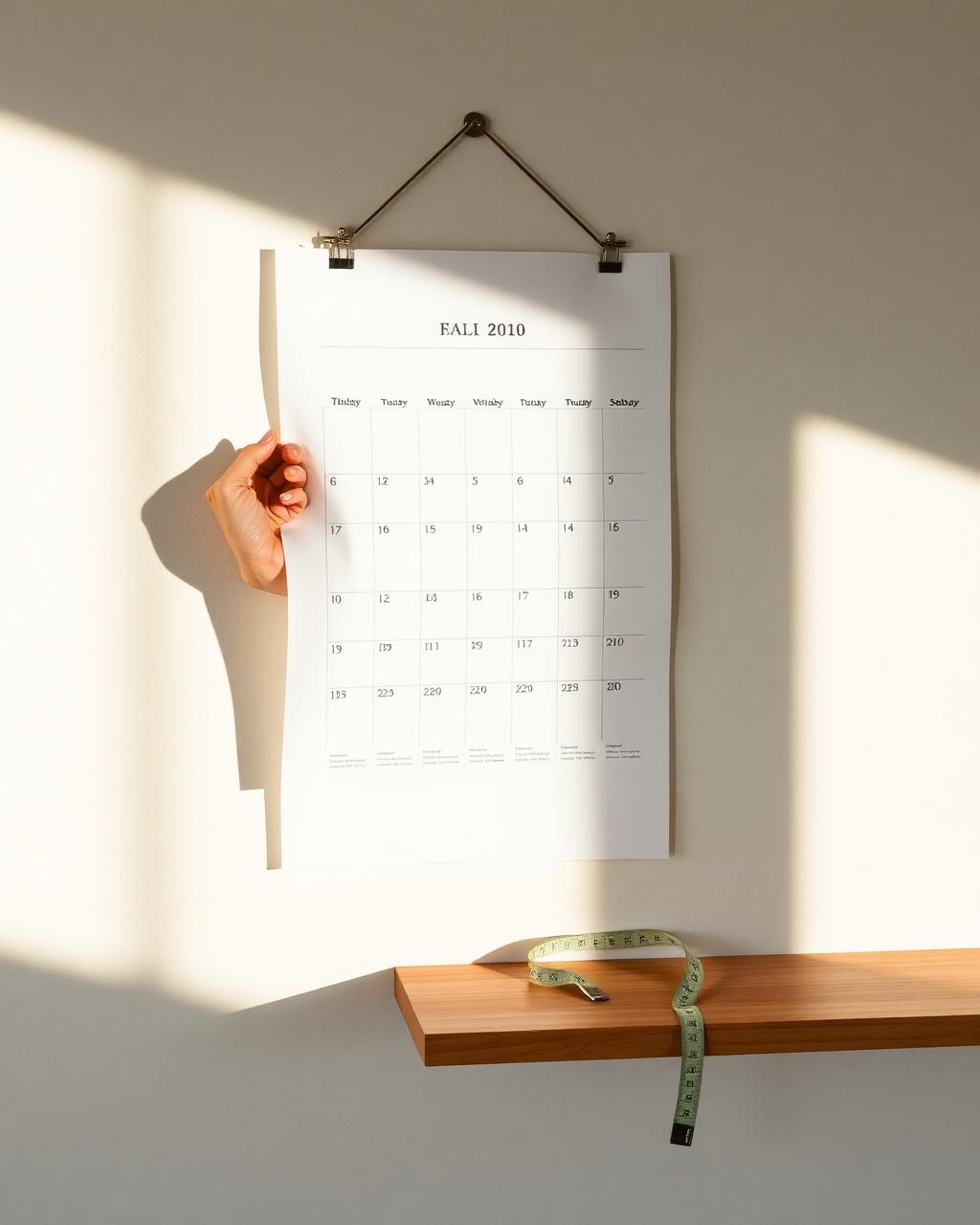Manos colgando el Gran Calendario en una pared blanca con luz natural