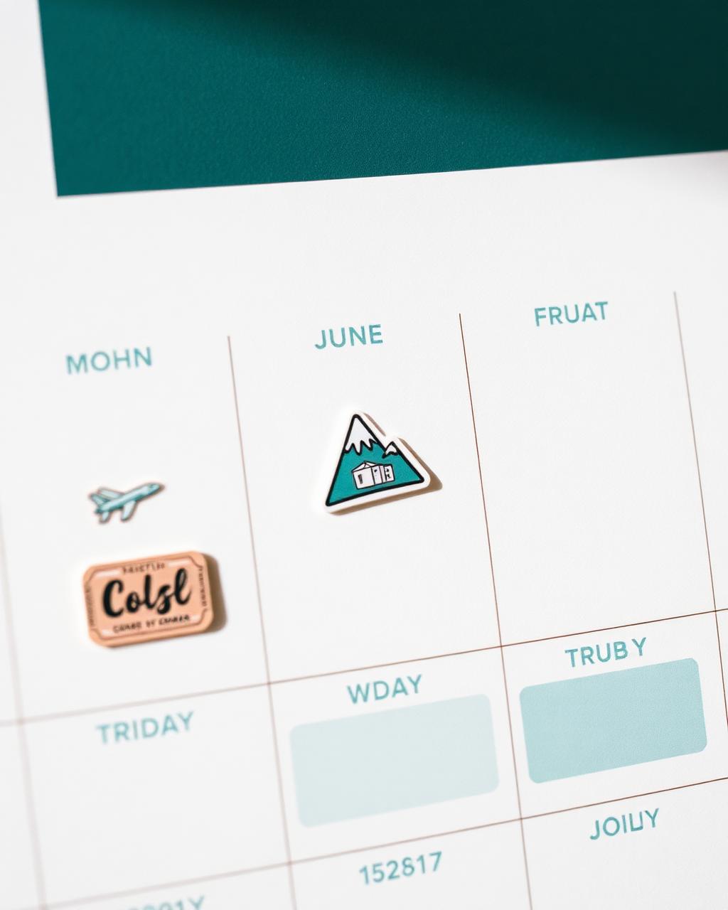 Stickers de avión, montaña y concierto marcados sobre el calendario