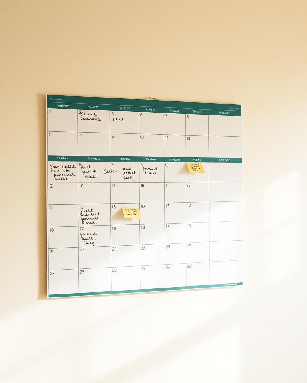 Calendario en la pared con notas y post-its de cumpleaños y aniversarios