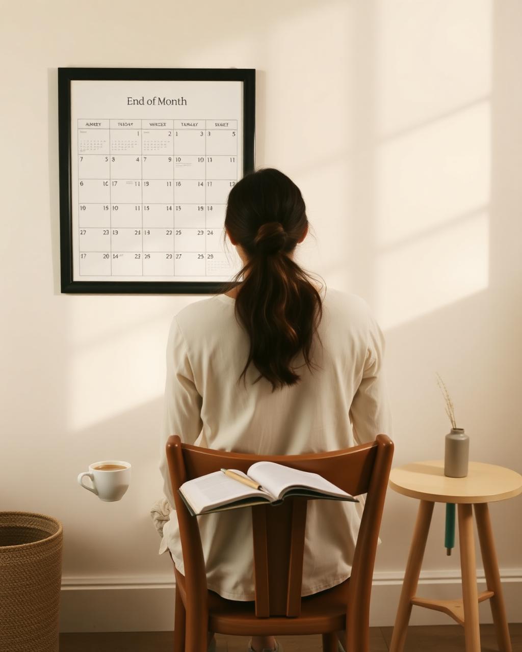 Persona sentada frente al calendario al final del mes, taza de café y libreta
