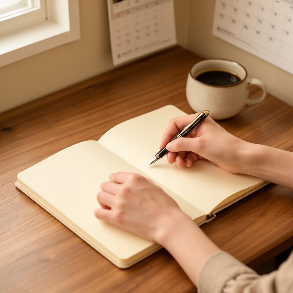Persona escribiendo su meta del año en una libreta junto a una taza de café